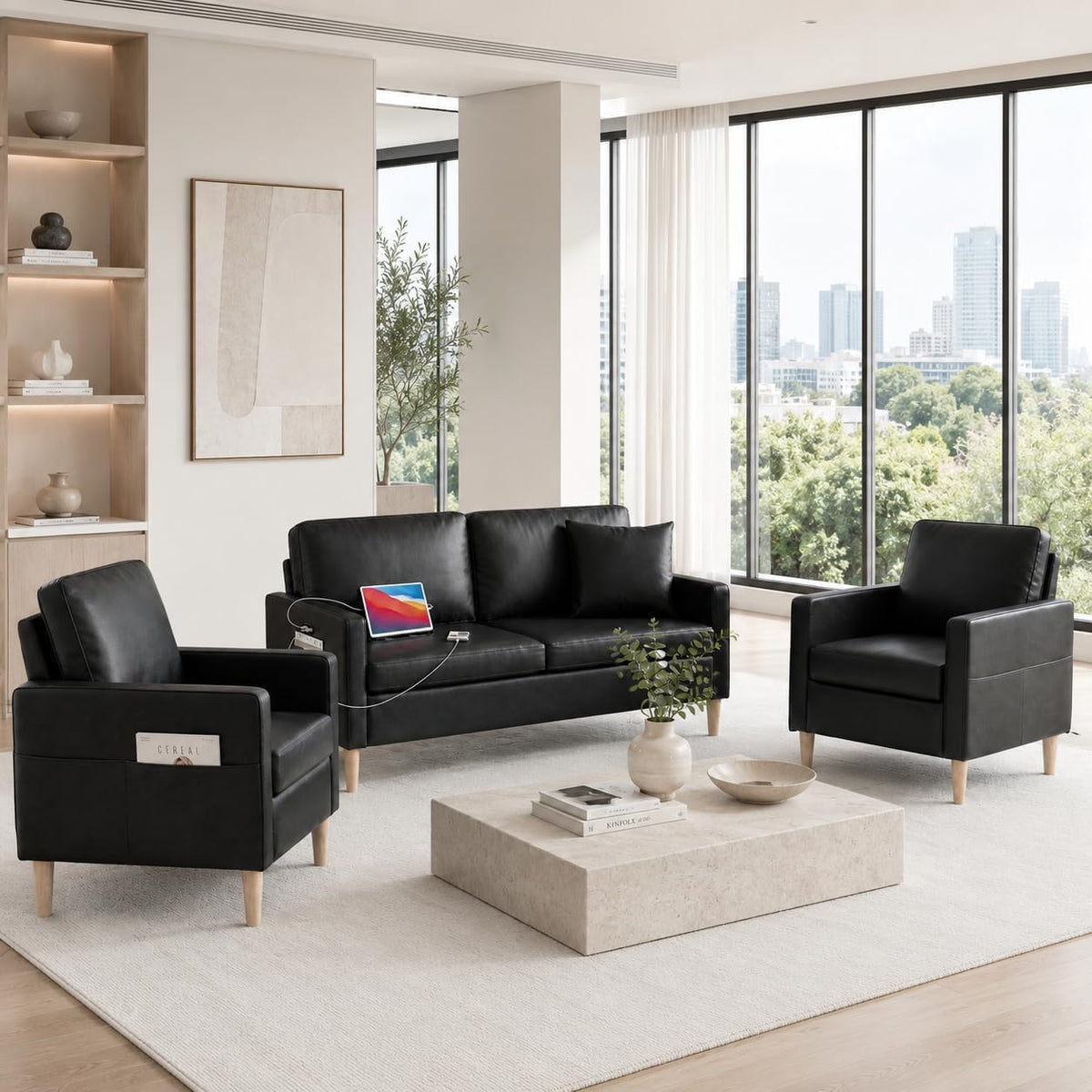 3 Piece Black Faux Leather Modern Small Couch and Chair Set for Office