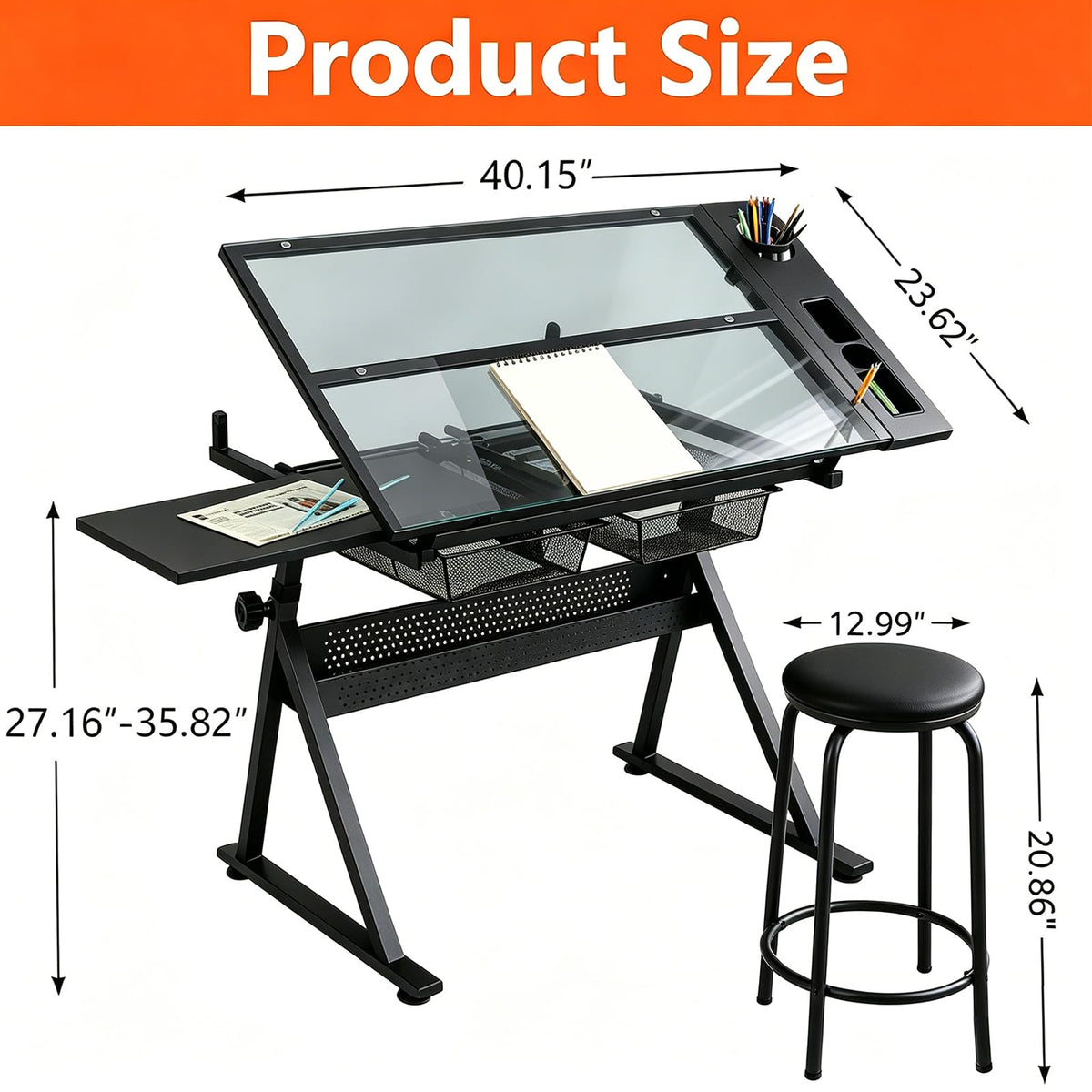 Drafting Table with 2 Metal Storage Drawers & Stool for Adult Teen, Red