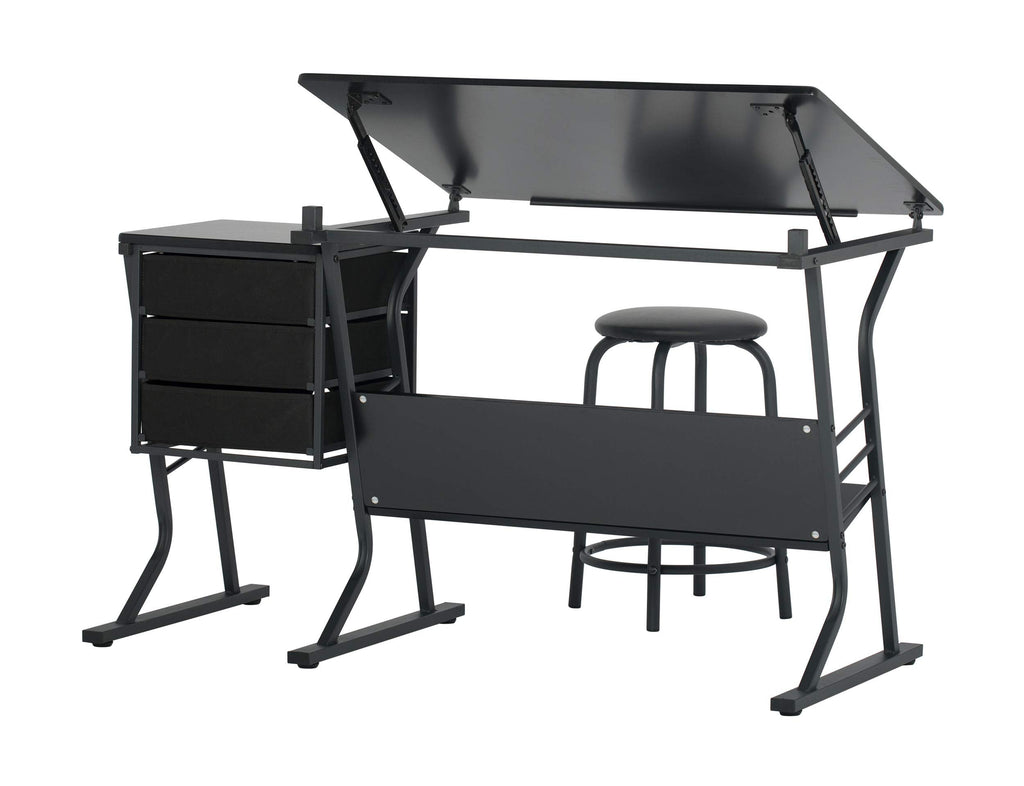 2 Piece Eclipse Ultra Center/Drawing Table with Stool, Angle Adjustable Top, Storage Shelves, and Drawers