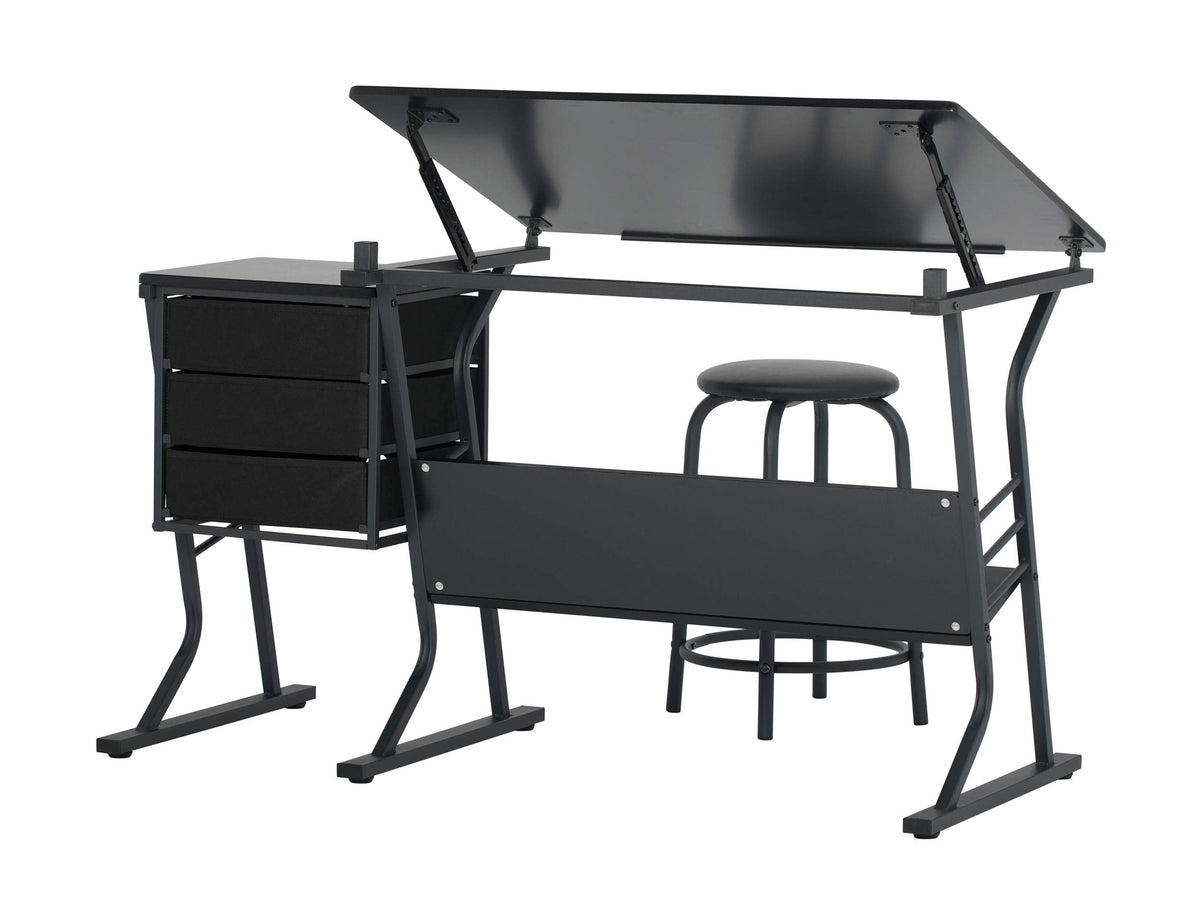 2 Piece Eclipse Ultra Center/Drawing Table with Stool, Angle Adjustable Top, Storage Shelves, and Drawers