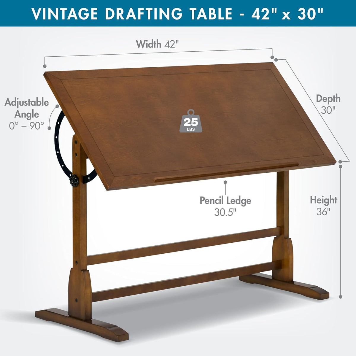 Studio Designs Vintage Drafting Table - Antique Design Solid Wood Drafting Table with Built-In Pencil Groove and Pencil Ledge - Angle Adjustable Work Surface