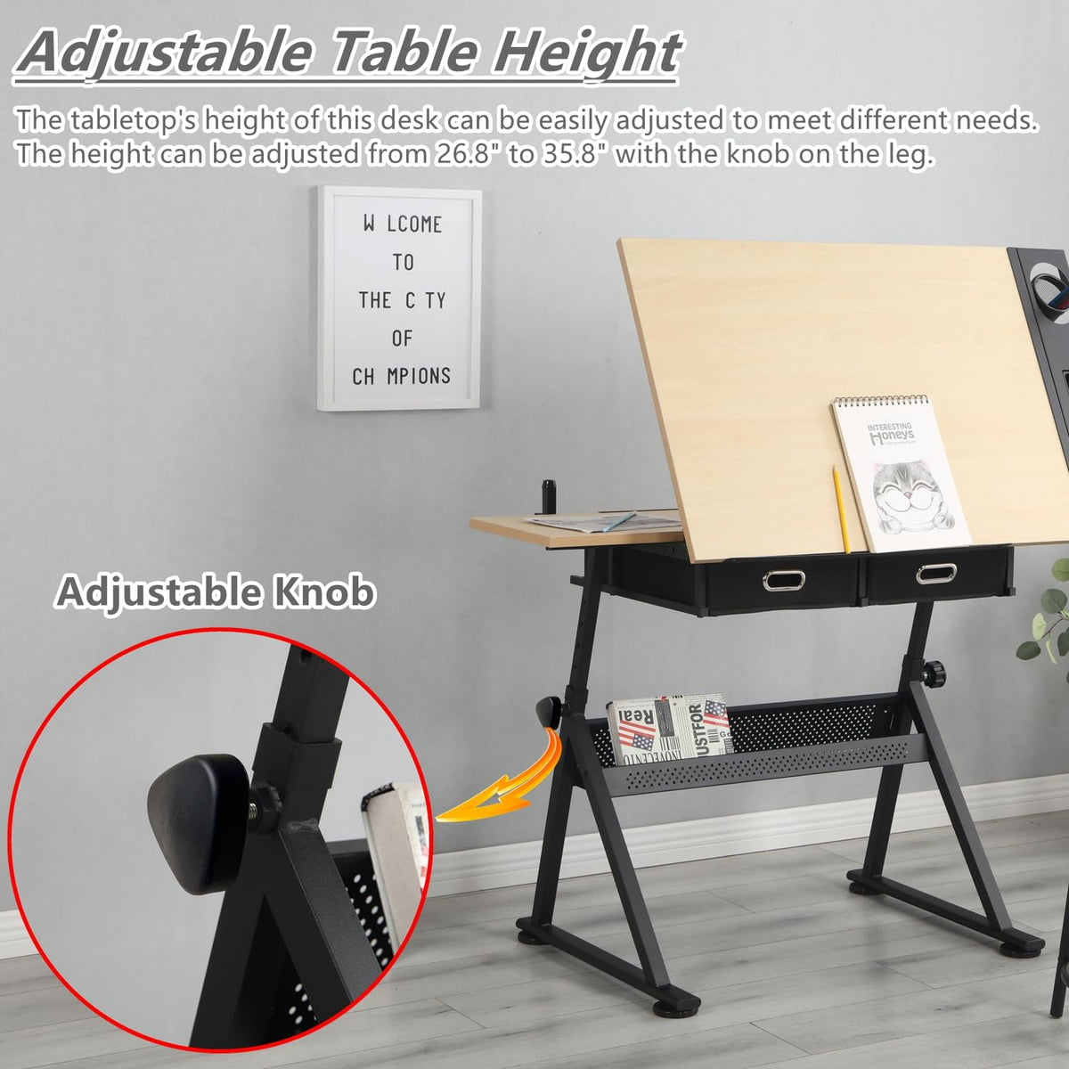 Height Adjustable Art Table Drafting Table with Stool, Rustic