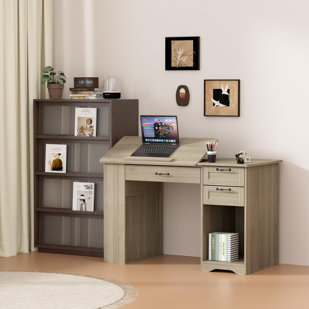 Drafting Table with Storage Cabinet & Drawers, Adjustable Drawing Desk with Open Shelves, Craft Table Painting Desk for Artists, Painters, Drawing, Crafting, Reading, Writing, Working