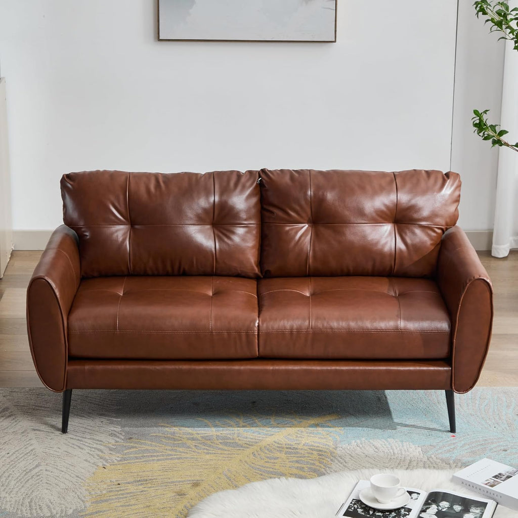 TYBOATLE 2 Piece Furniture Sets, Small Loveseat for Living Room, White Faux Leather Couch Mid Century Modern Tufted Mini Sofa Comfy Office 2 Seat Love Seat for Small Spaces Bedroom