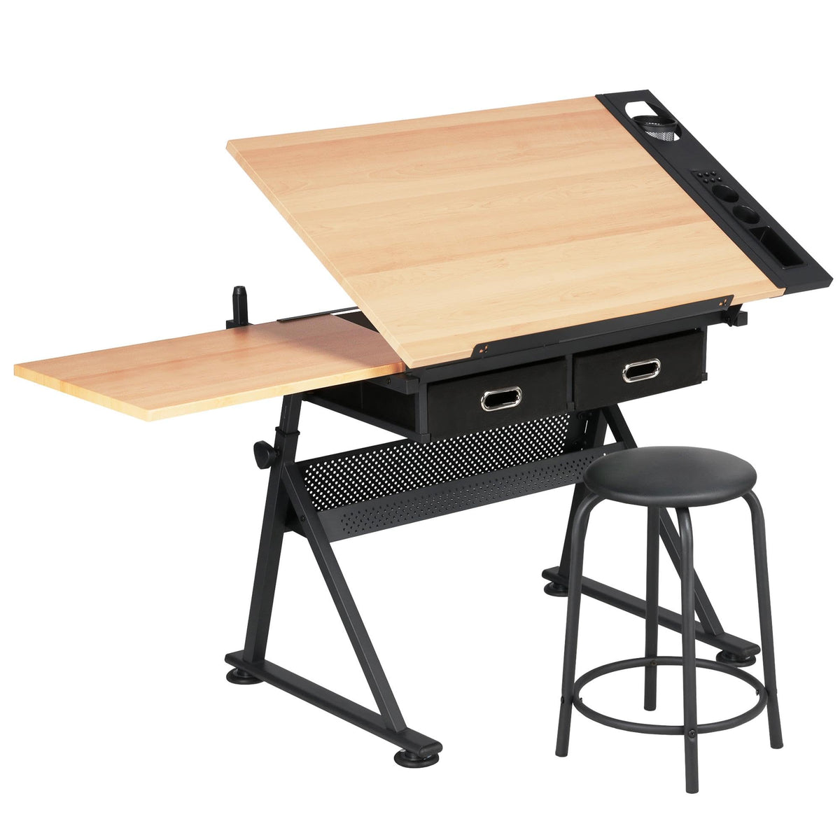 Yaheetech Adjustable Drafting Table Art Desk,Storage Drawers & Stool,White