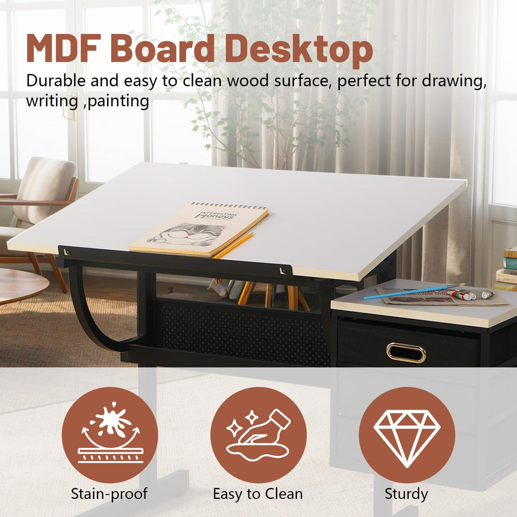 Drafting Table and Stool Set for Adults/Artists, Drawing Table with Adjustable Tabletop and Height, Art Workstation for Painters Crafting Reading Writing Home Office, All White