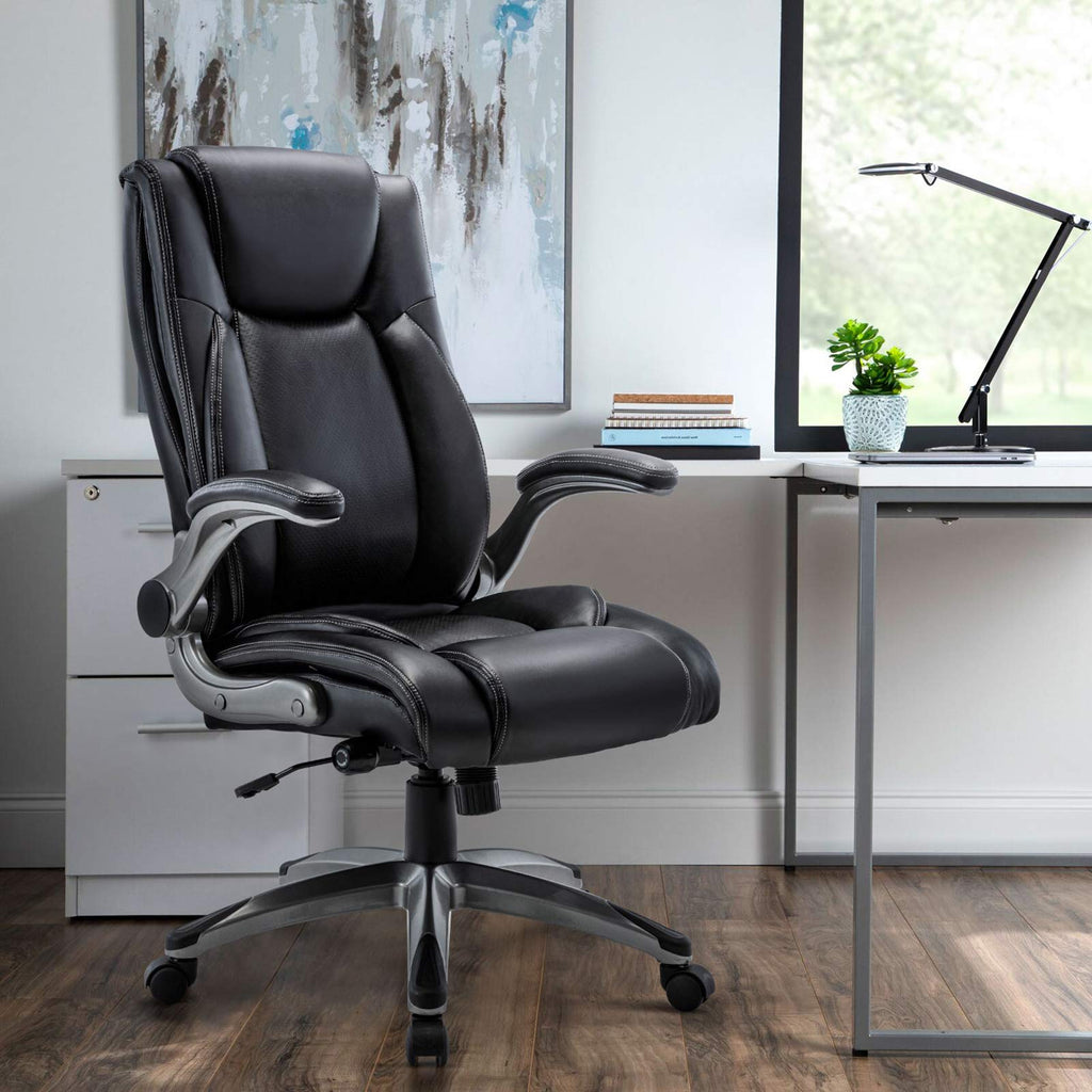 COLAMY High Back Executive Office Chairs, Ergonomic PU Leather Desk Chairs with Flip-Up Armrests, Adjustable Height, Lumbar Support, Comfortable Computer Chairs for Home Office, Set of 2