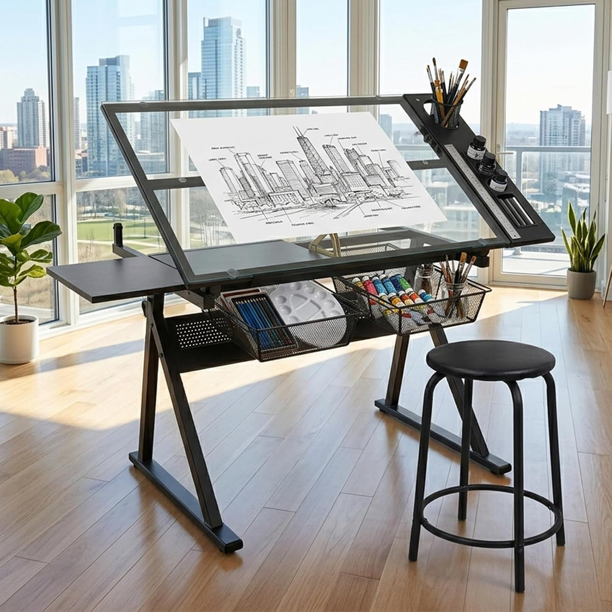 Adjustable Drafting Table, Tiltable Art Drawing Desk with 2 Storage Drawers & Stool, Multi-Functional Art Workstation for Artist Painting Craft Reading Writing (Black-B)