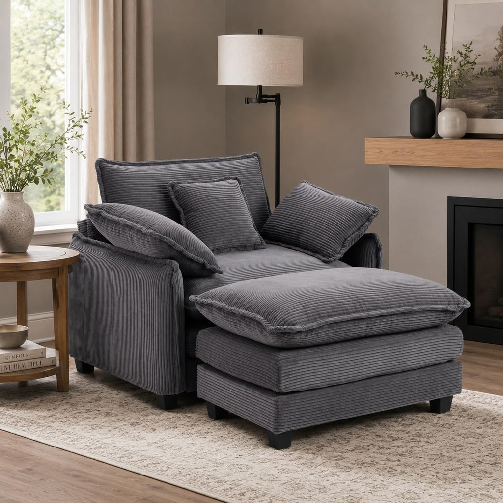Oversized Chair with Ottoman, Corduroy Reading Chair with Footrest, Comfy Accent Armchair for Living Room Bedroom, Single Sofa Lounge Chair, 350 lbs (Orange)