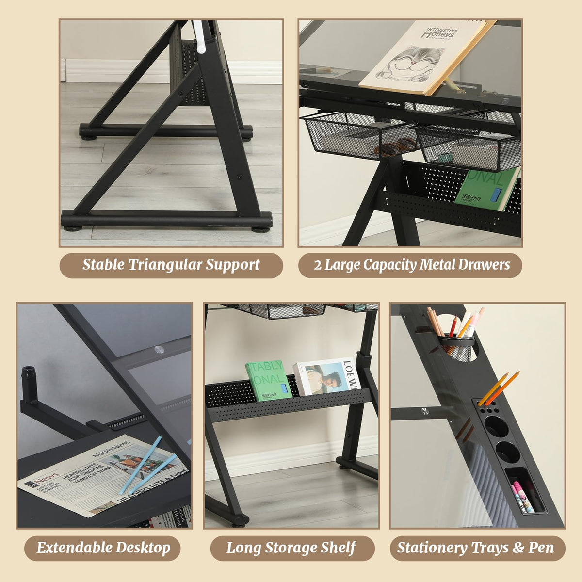 Black Drafting Table Desk w/Stool, Painting Table Art Craft Desk Crafting Table with Tilting Tempered Glass Top, 2 Storage Drawers, Height Adjustable