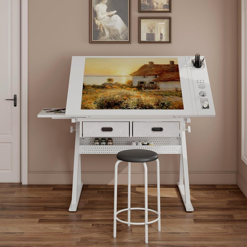 Drafting Table, Height Adjustable Art Table with Stool,T1-All White