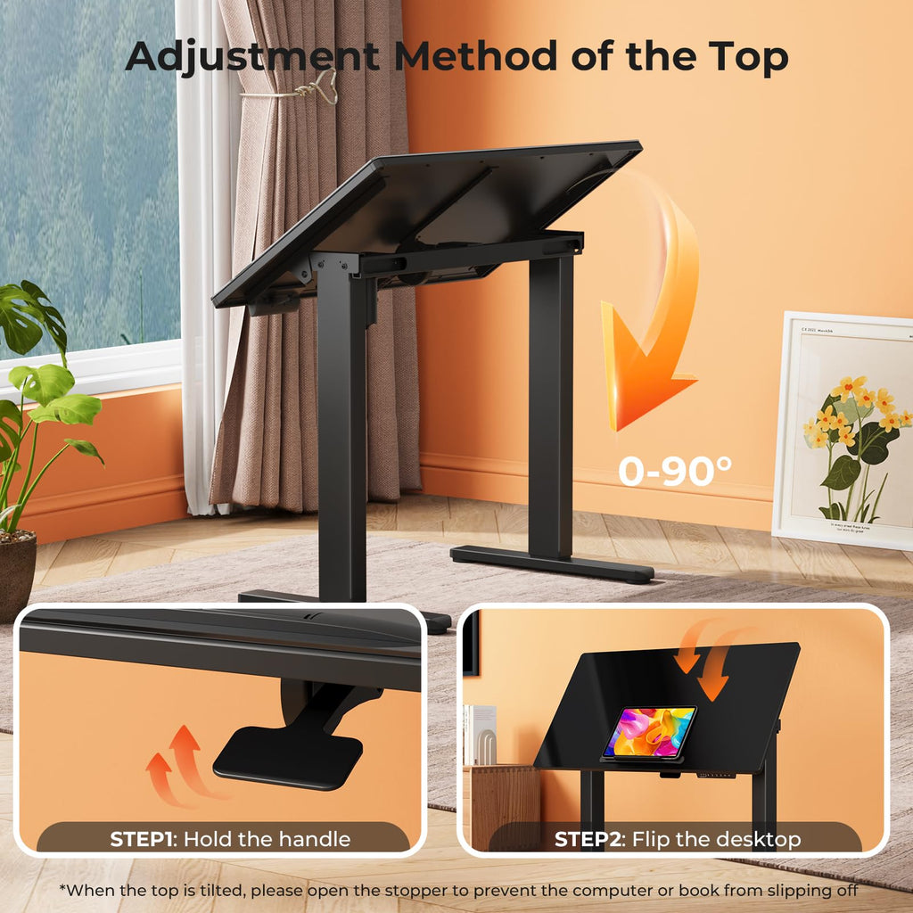 35" Glass Standing Desk, 90Â° Tilt Height Adjustable Drafting Table