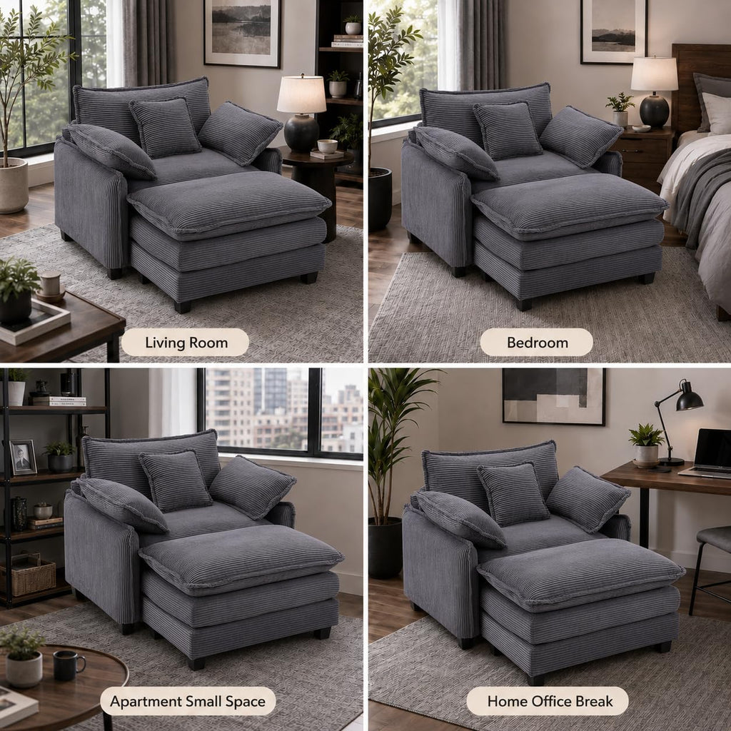 Oversized Chair with Ottoman, Corduroy Reading Chair with Footrest, Comfy Accent Armchair for Living Room Bedroom, Single Sofa Lounge Chair, 350 lbs (Orange)