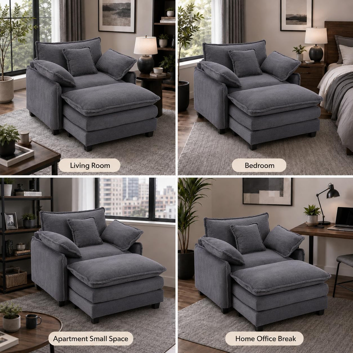 Oversized Chair with Ottoman, Corduroy Reading Chair with Footrest, Comfy Accent Armchair for Living Room Bedroom, Single Sofa Lounge Chair, 350 lbs (Orange)