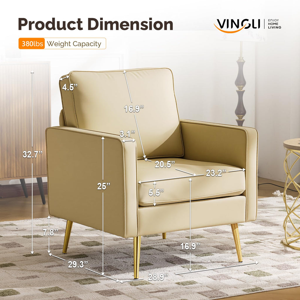 VINGLI Faux Leather Accent Chairs Set of 2 with Gold Legs for Living Room
