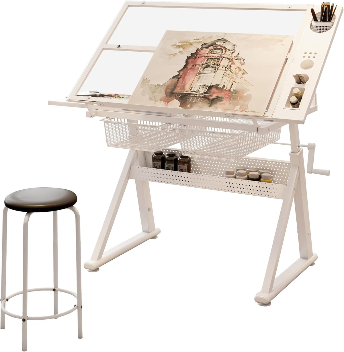 Height Adjustable Drafting Art Table for Adults, White Tempered Glass Drafting Drawing Printing Table Desk with Stool, 0-75Â° Tilting Tabletop Art Drawing Table for Drawing,Hand Crank