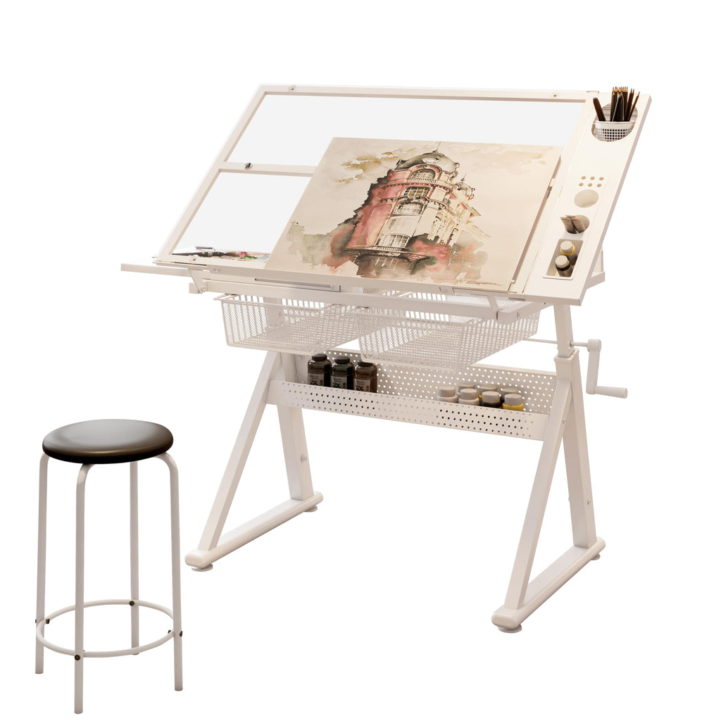 White Drafting Table with Stool, Height Adjustable Art Craft Desk with Tilting Tempered Glass Tabletop, Expansion Board, Multi-Storage, Drawing Table for Studio, Artists, Home Office, Painters, White