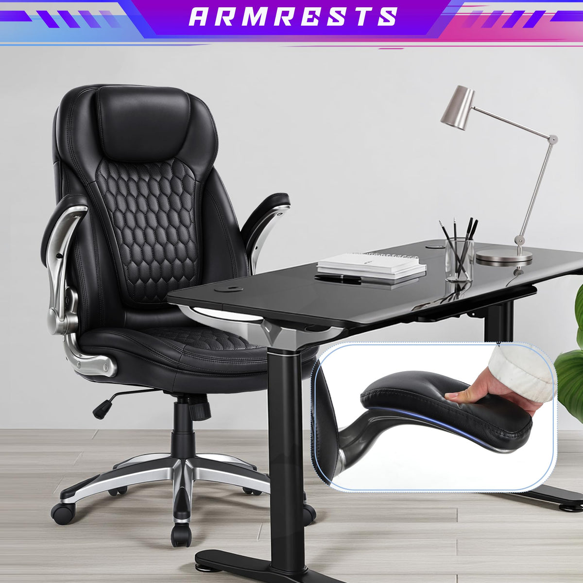 COLAMY High Back Executive Office Chairs, Ergonomic PU Leather Desk Chairs with Flip-Up Armrests, Adjustable Height, Lumbar Support, Comfortable Computer Chairs for Home Office, Set of 2