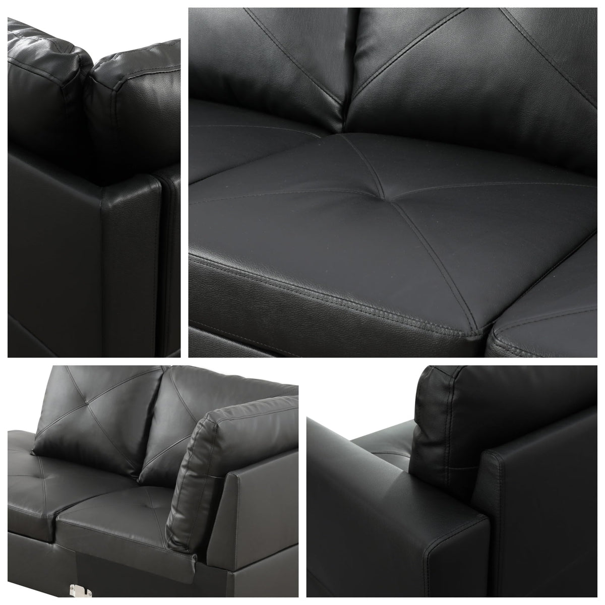 97.5" L-Shaped Modular Sectional Sofa with Movable Chaise & Storage Ottoman, 3 Piece Convertible Leather Couch, 4 Seat Gloss Black Living Room Furniture Set for Apartment Home Office