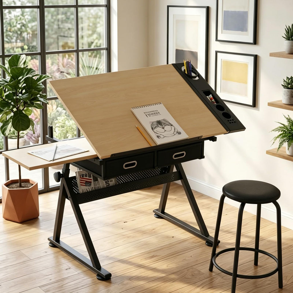 Height Adjustable Tilt Drafting Table with 2 Storage Drawers & Stool Brown