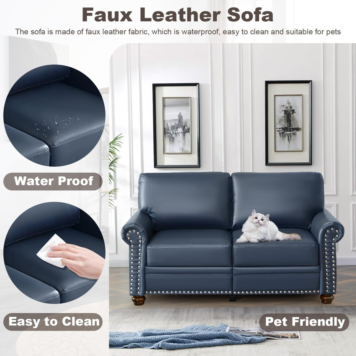 2 Piece Faux Leather Sofa Set,Modern Couch and Loveseat Sets with Storage,Mid Century Couch with Rivet Rolled Arm,Comfy Deep Seat Sofa,Furniture for Living Room,Office(Loveseat+3 Seater,Navy)