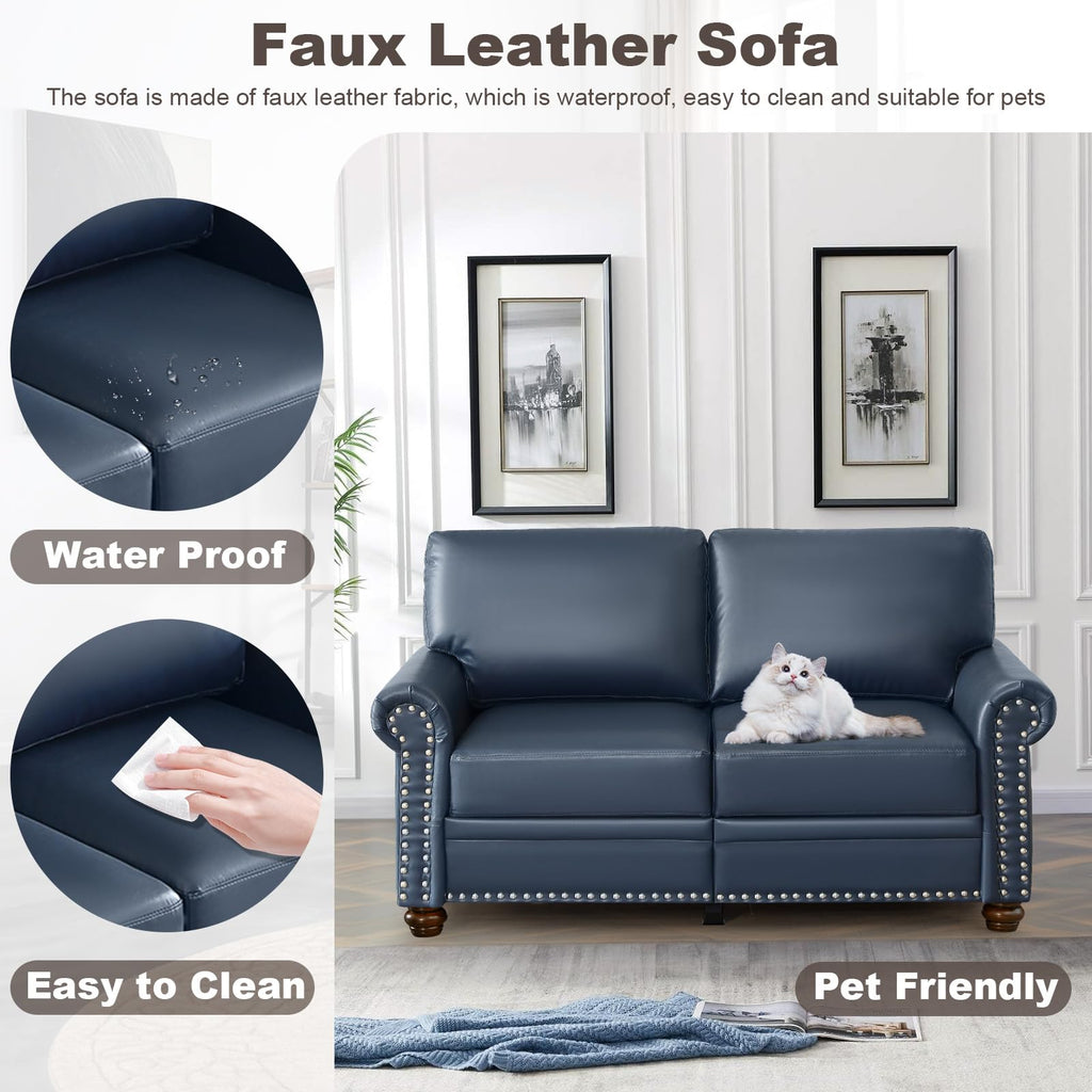 2 Piece Faux Leather Sofa Set,Modern Couch and Loveseat Sets with Storage,Mid Century Couch with Rivet Rolled Arm,Comfy Deep Seat Sofa,Furniture for Living Room,Office(Loveseat+3 Seater,Navy)