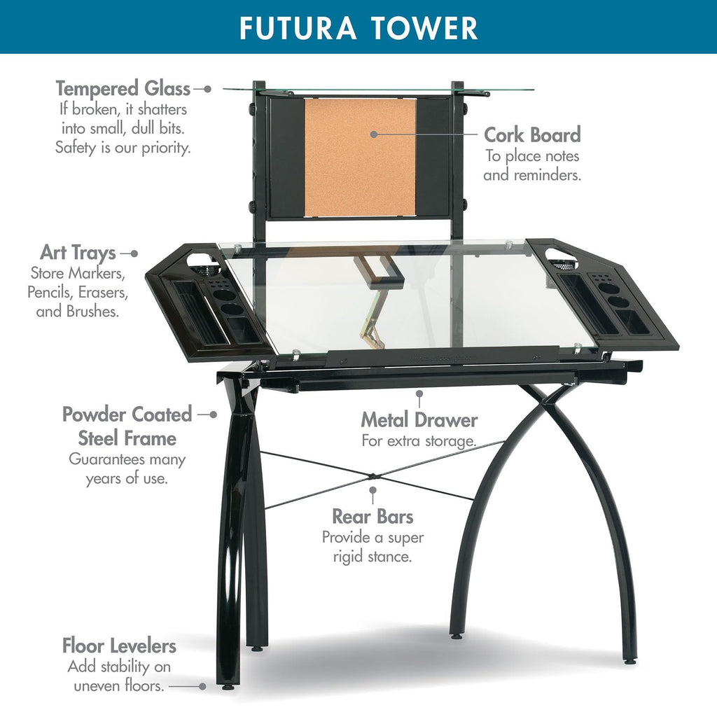 SD STUDIO DESIGNS Futura LS WorkCenter with Tilt Top Adjustable Drafting Table Craft Table Drawing Desk Hobby Table Writing Desk Studio Desk, Silver / Blue Glass