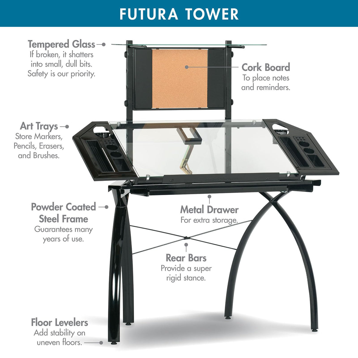SD STUDIO DESIGNS Futura LS WorkCenter with Tilt Top Adjustable Drafting Table Craft Table Drawing Desk Hobby Table Writing Desk Studio Desk, Silver / Blue Glass