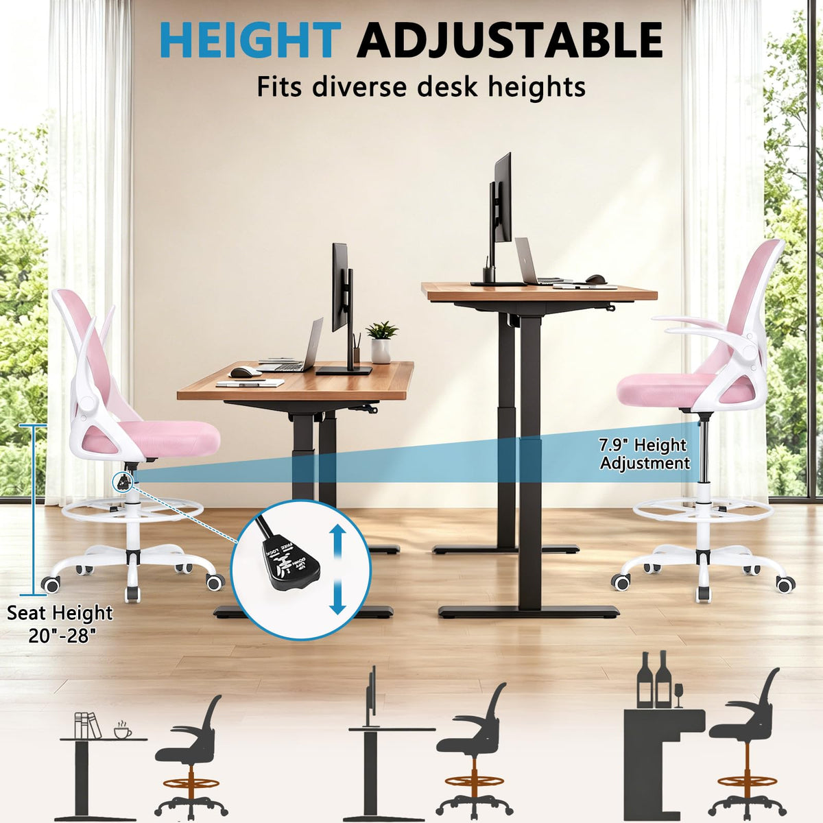 Kensaker Drafting Chair Tall Office Chair, Ergonomic Standing Desk Chair with Adjustable Foot Ring and Flip-up Armrests, Mesh Computer Chair for Art Studio, 300 LBS, Black