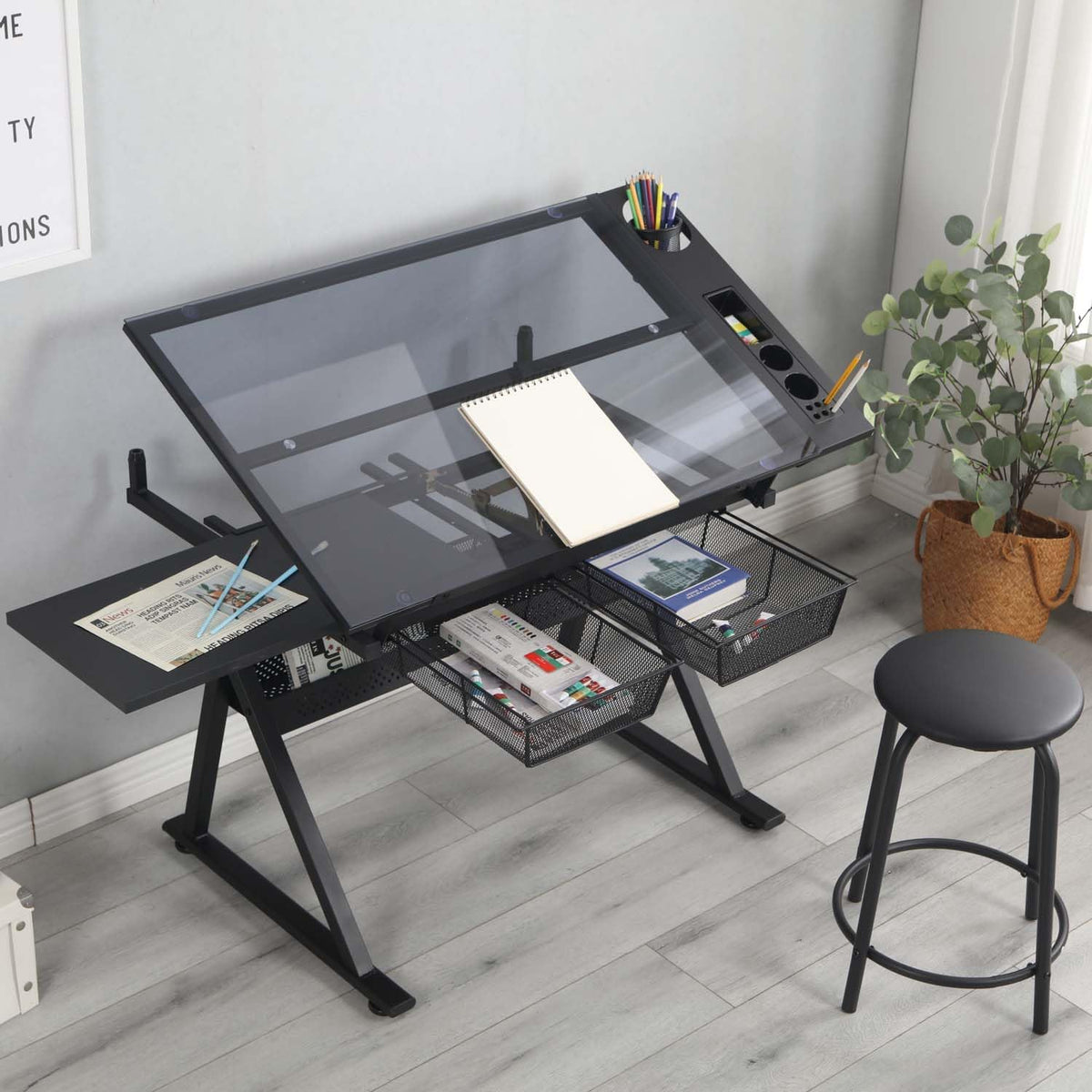 Drafting Table with Storage and Stool, Glass Art Desk for Adults Adjustable Height with 2 Metal Drawers, Craft Drawing Table Artist Desk with Extra Desktop for Reading/Writing/Studying (Black)