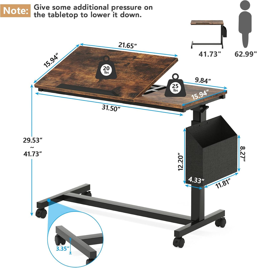 Tribesigns Height Adjustable C Shaped End Table with Wheels and Side Pocket, Mobile Sofa Snack Table with Tiltable Drawing Board, Laptop Side Tray Table for Couch Bed (Rustic Brown)