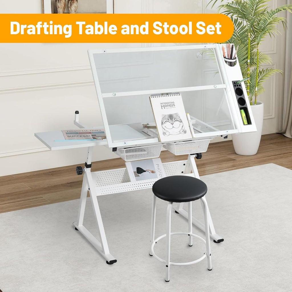 White Drafting Table with Stool, Height Adjustable Art Craft Desk with Tilting Tempered Glass Tabletop, Expansion Board, Multi-Storage, Drawing Table for Studio, Artists, Home Office, Painters, White
