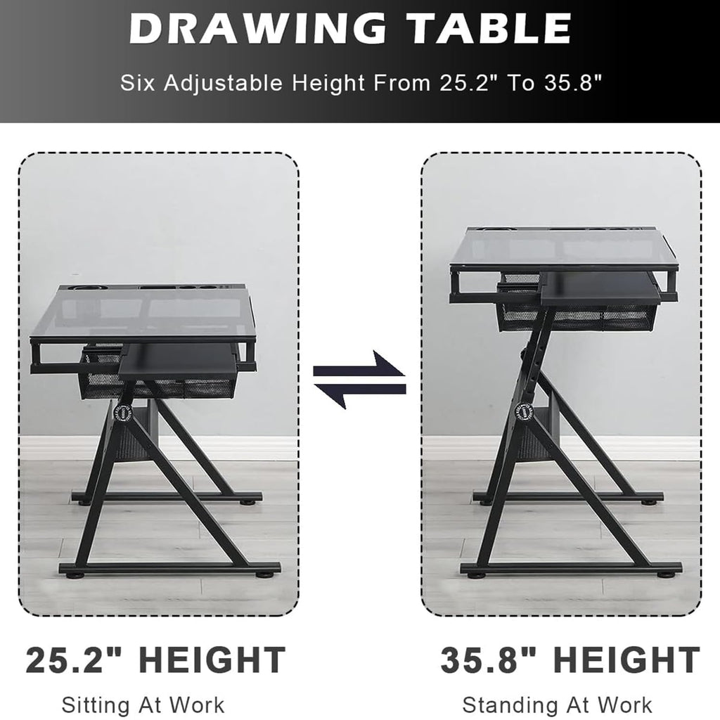 Drafting Table, Adjustable Height Drawing Table Art Table Painting Table Art Craft Desk with 0-75Â° Tilting Glass Tabletop and Storage Drawers, Black