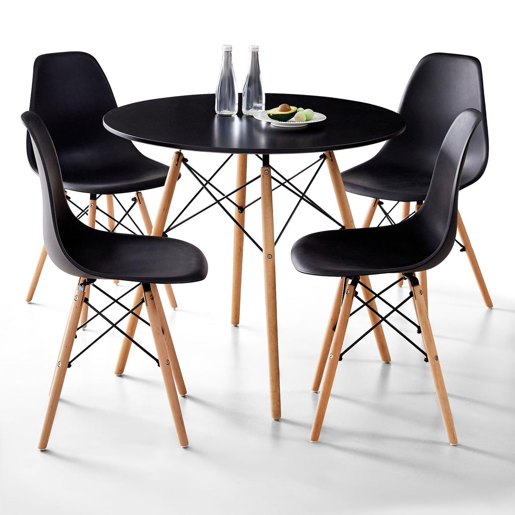 5-Piece Round Dining Set, 35.5" Black Table & Light Gray Chair