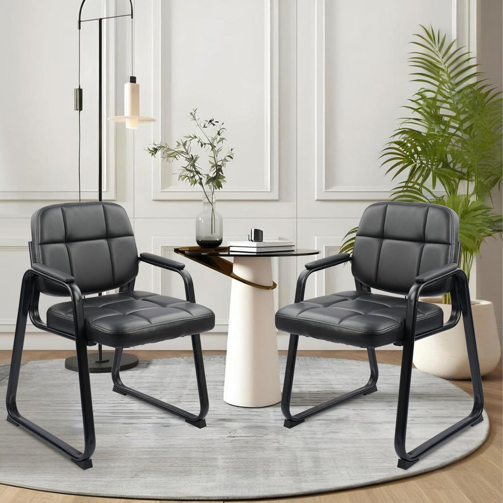 CLATINA Waiting Room Guest Chair with Bonded Leather Padded Arm Rest for Office Reception and Conference Desk Black with Sled Base Brown 1 Pack