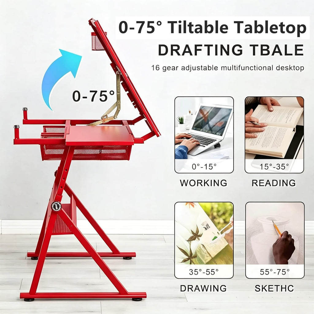 Drafting Table for Artists, Glass Drawing Table with Stool,T1-Black