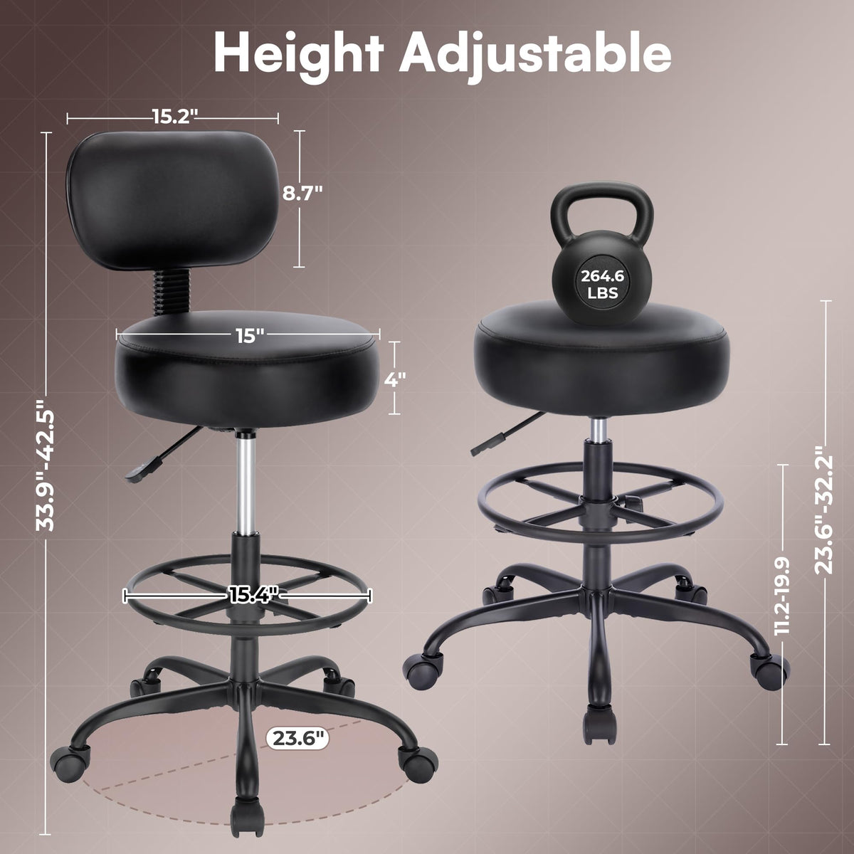 SUPERJARE Drafting Chair with Backrest, Adjustable Foot Rest Rolling Stool