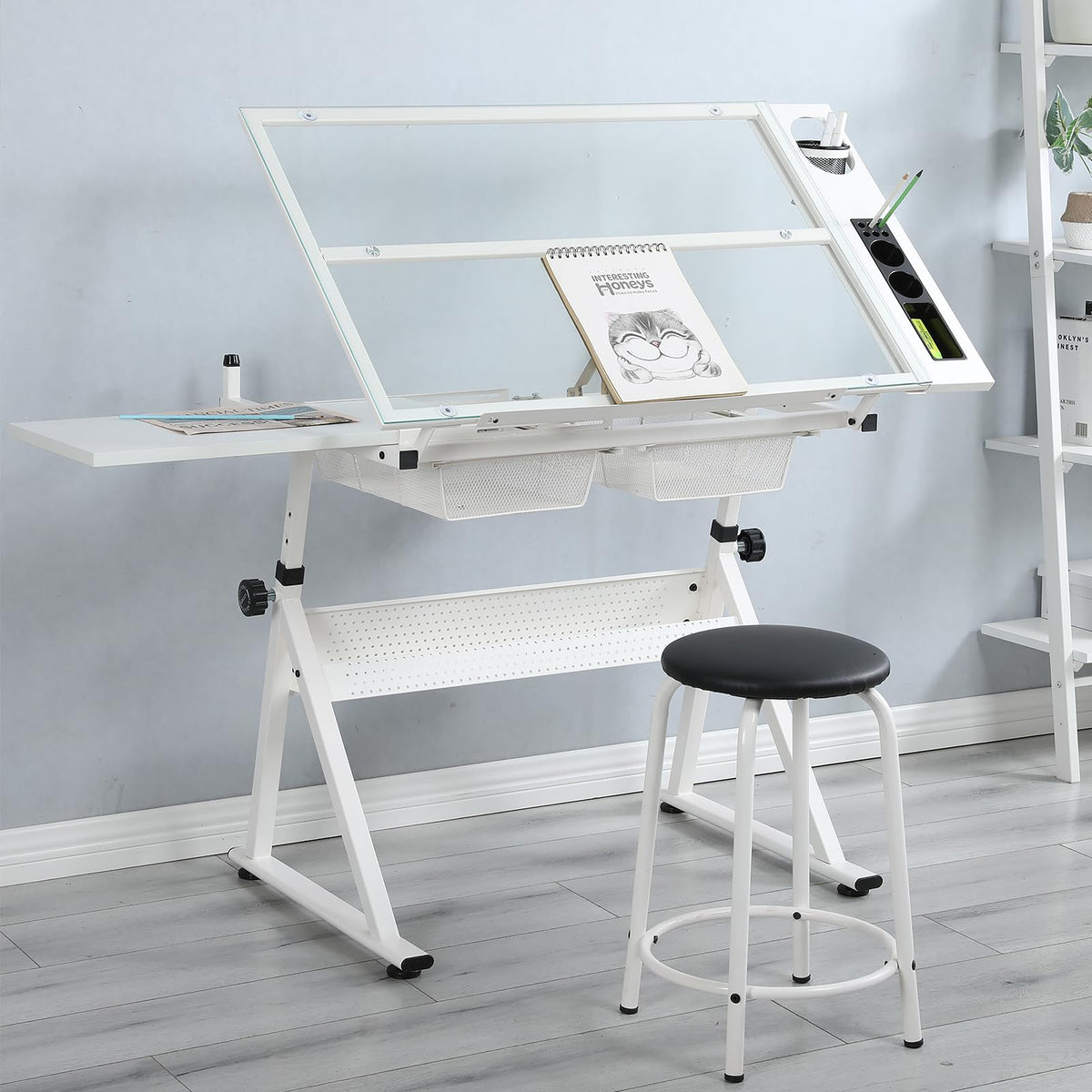 Drafting Table with 2 Metal Storage Drawers & Stool for Adult Teen, Red