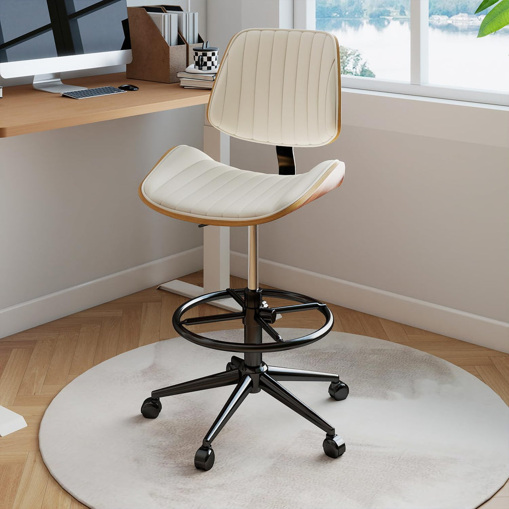 Drafting Chair, Ergonomic Office Chair with Walnut Wood Back Support, Armless PU Leather Desk Chair with Height-Adjustable, Thick Cushion for Home Office, Drafting, Art Studio (Black)