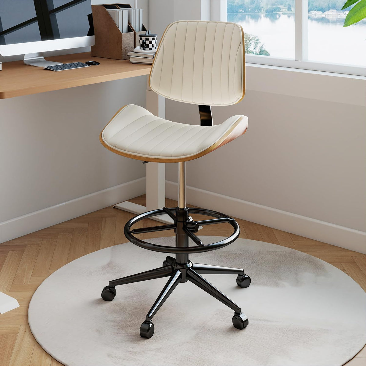Drafting Chair, Ergonomic Office Chair with Walnut Wood Back Support, Armless PU Leather Desk Chair with Height-Adjustable, Thick Cushion for Home Office, Drafting, Art Studio (Black)