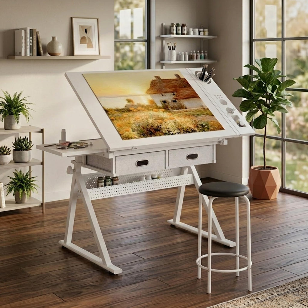 Height Adjustable Tilt Drafting Table with 2 Storage Drawers & Stool Brown
