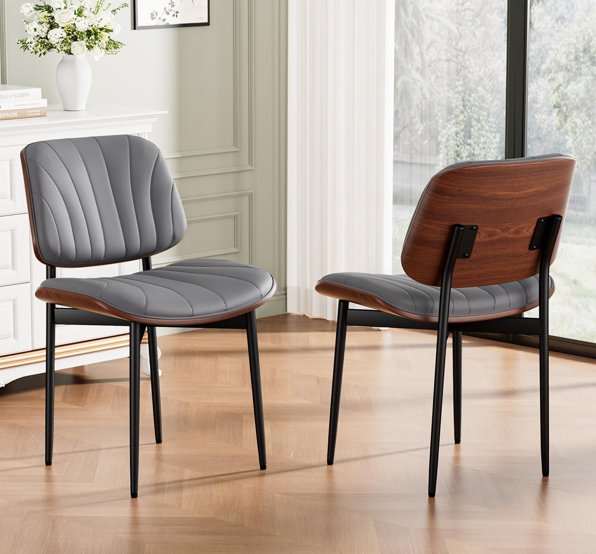 REONEY Dining Chairs Set of 4, Mid-Century Modern Kitchen Chairs, Black
