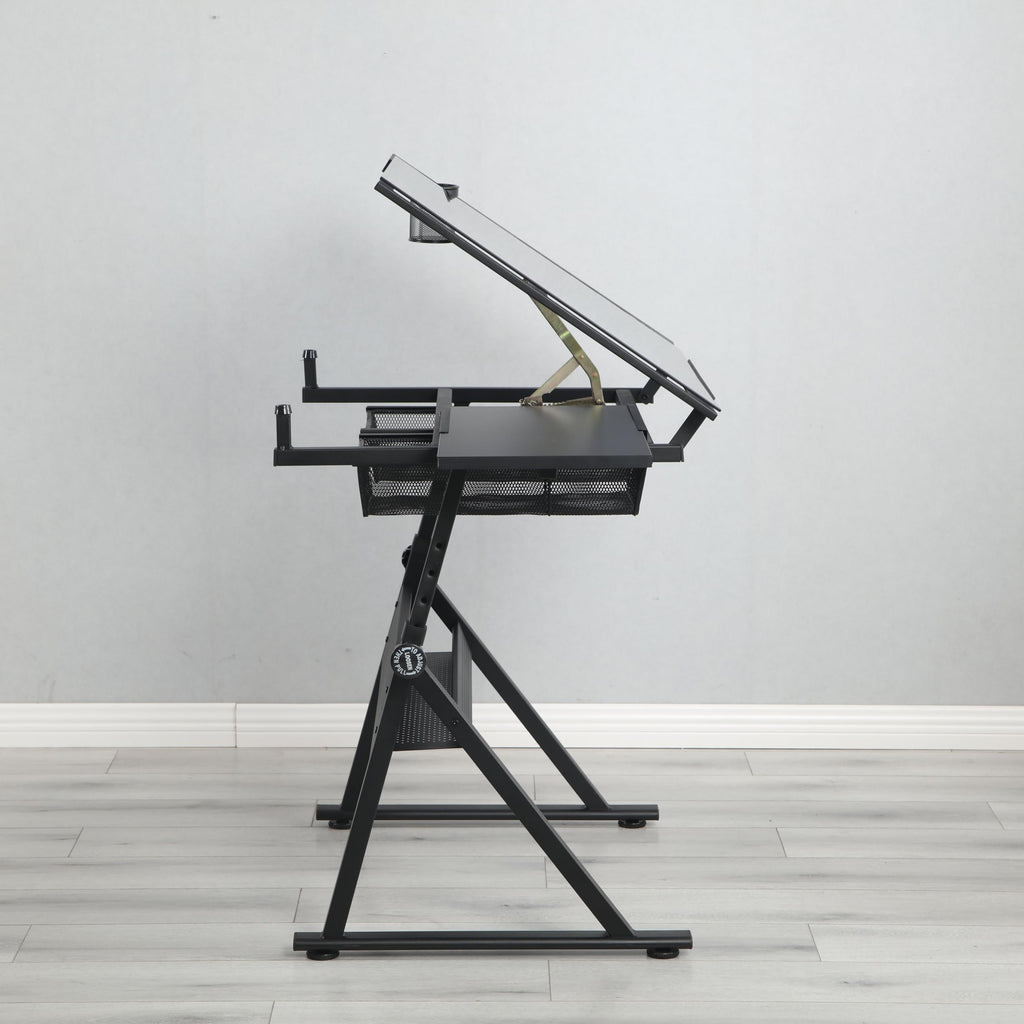 Adjustable Drafting Table with Stool, 0-75Â° Tilting Art Desk, White