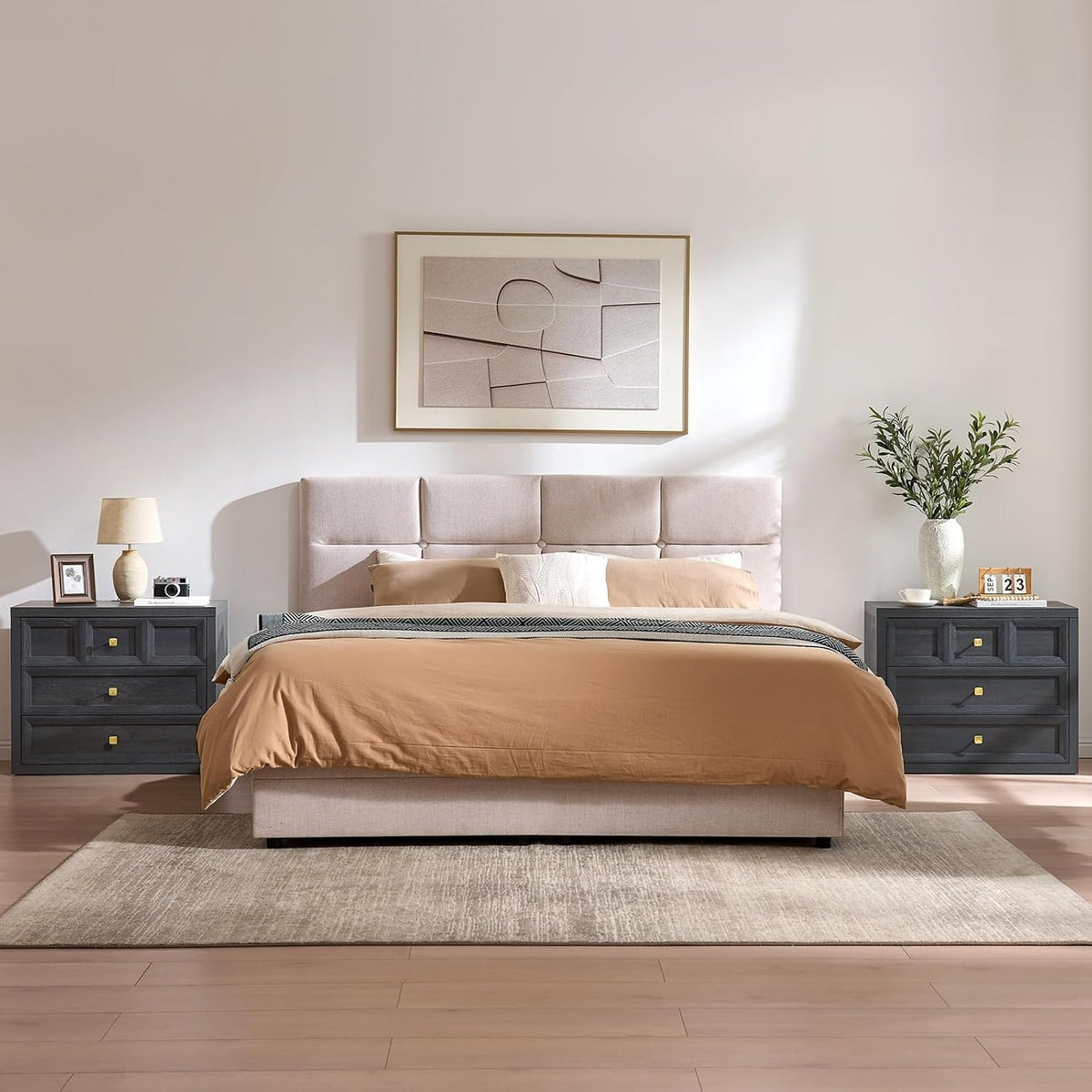 3 Drawers Nightstand Set of 2 W/Charging Station, 30.7" W King Size Bedside Table with 3 Drawers, Accent End Table W/Large Storage, Modern Wood Side Table for Bedroom,Office (2 Pieces, Gray Black)