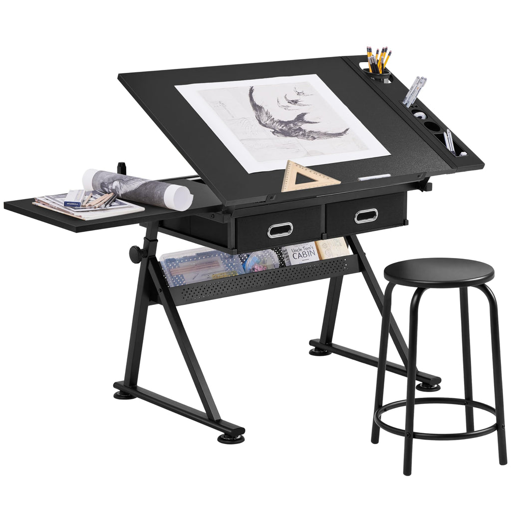 Yaheetech Adjustable Drafting Table Art Desk,Storage Drawers & Stool,White