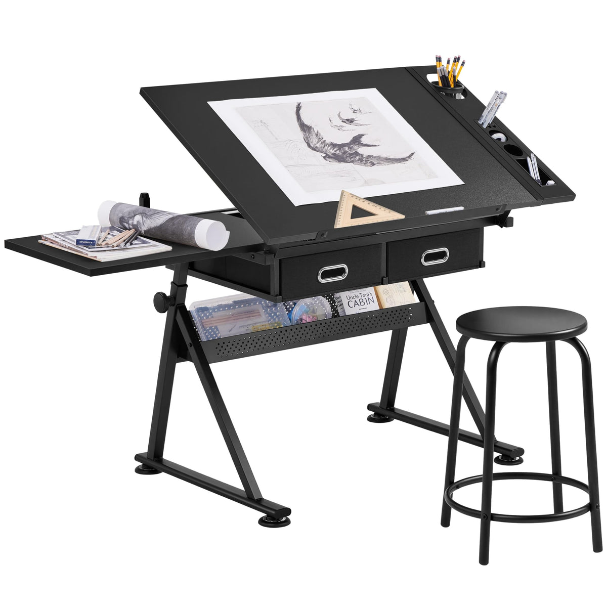 Yaheetech Adjustable Drafting Table Art Desk,Storage Drawers & Stool,White
