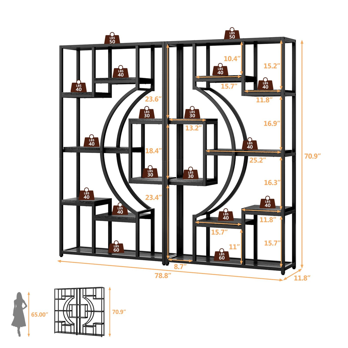 LGHM Industrial 5-Tier Bookshelf with Storage, 70.9 Inch Tall Large Display Bookcase - Modern Metal Standing Shelves for Living Room, Office and Bedroom, Set of 2, Greige