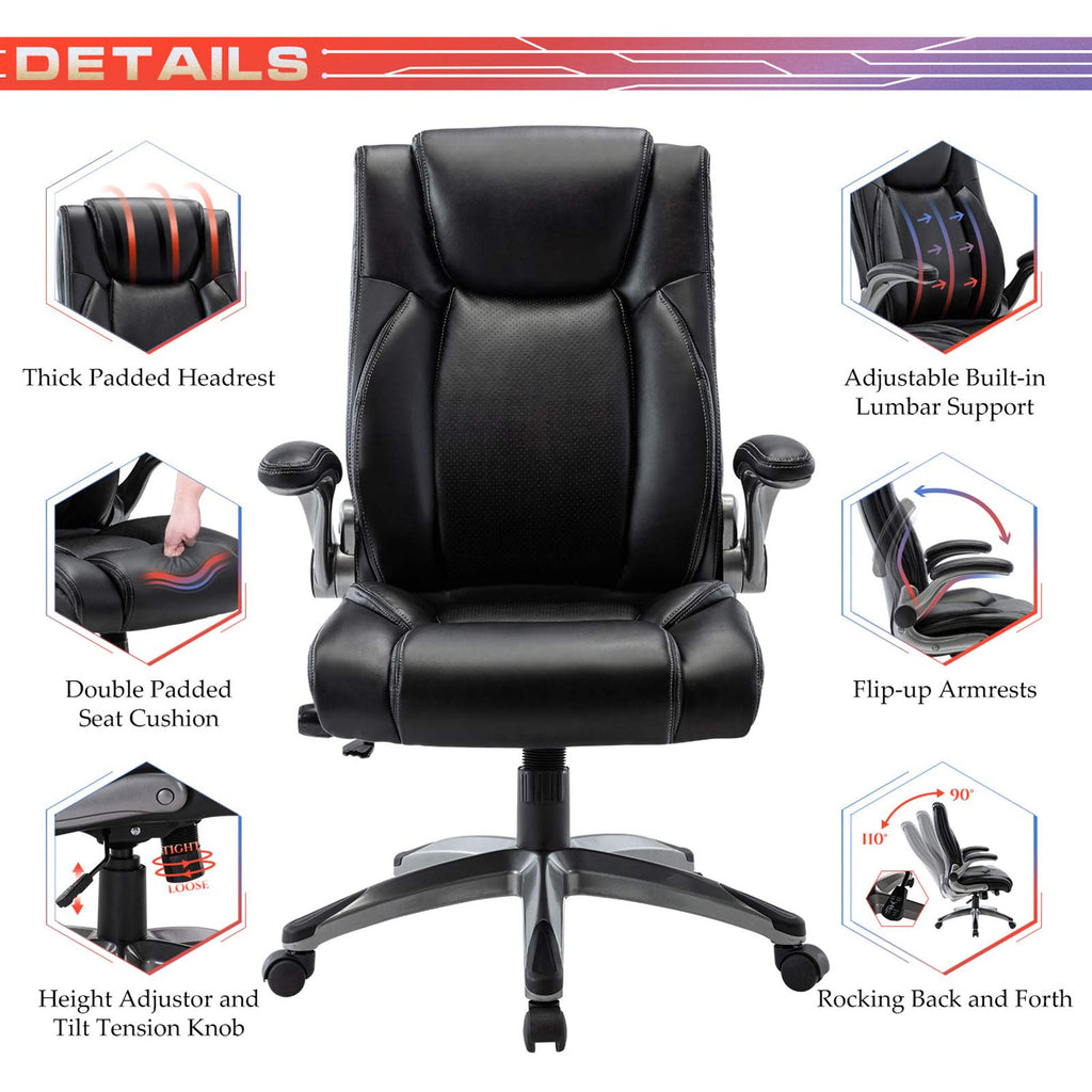 COLAMY High Back Executive Office Chairs, Ergonomic PU Leather Desk Chairs with Flip-Up Armrests, Adjustable Height, Lumbar Support, Comfortable Computer Chairs for Home Office, Set of 2
