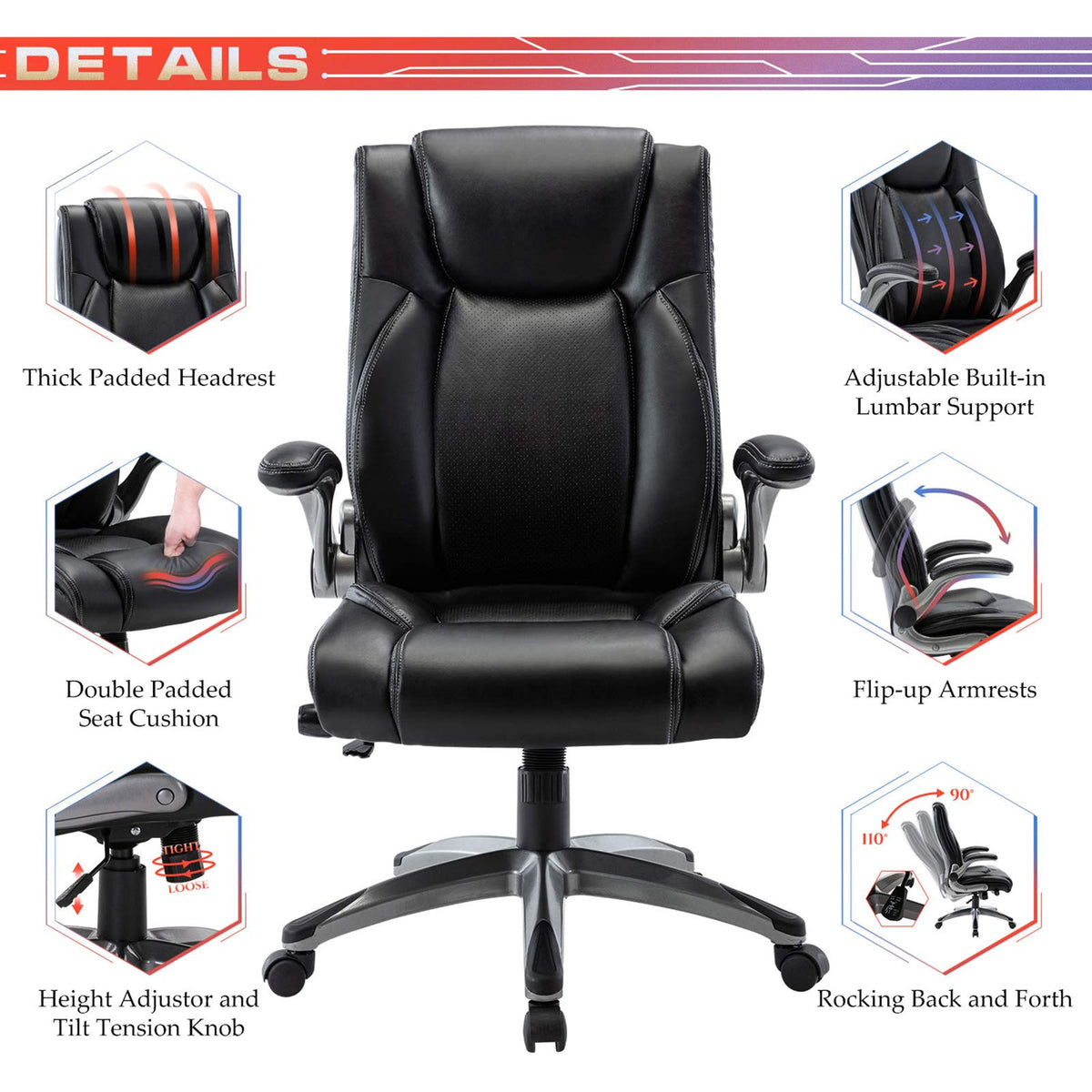 COLAMY High Back Executive Office Chairs, Ergonomic PU Leather Desk Chairs with Flip-Up Armrests, Adjustable Height, Lumbar Support, Comfortable Computer Chairs for Home Office, Set of 2