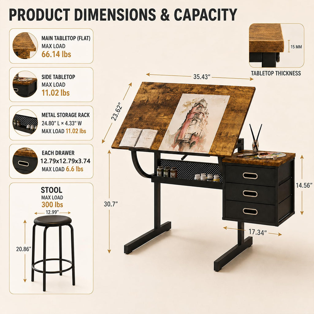 Adjustable Drawing Table with 3 Drawers and Stool, Black